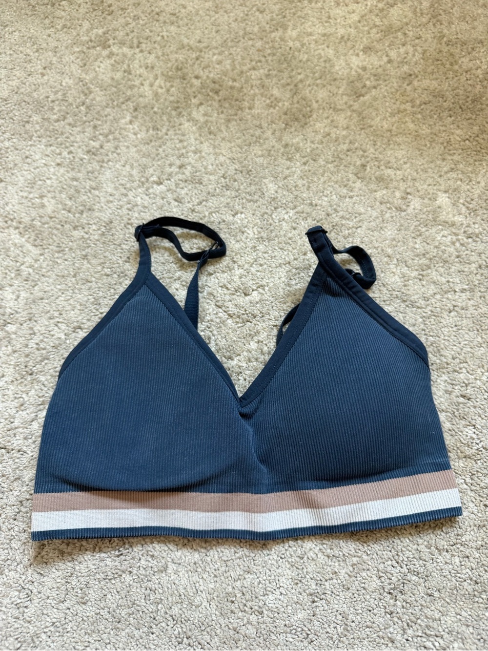 SPANX Navy Ribbed Bralette with Tan and White Band